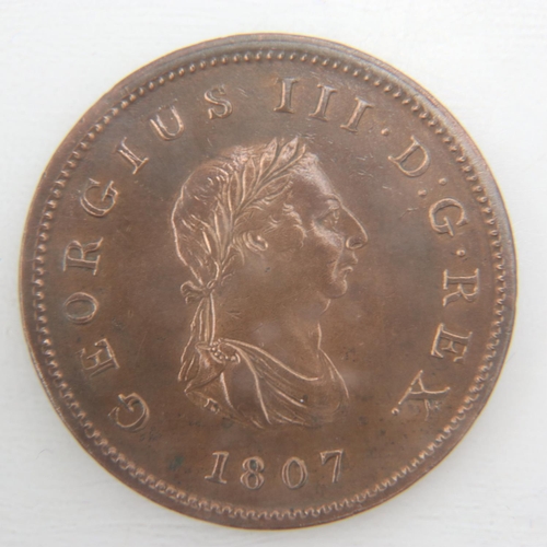 2162 - 1807 half penny of George III - EF.  UK P&P Group 0 (£6+VAT for the first lot and £1+VAT for subsequ... 