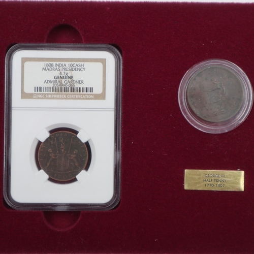 2268 - Danbury Mint Treasure Chest containing a George III halfpenny and an Indian coin salvaged from the w... 