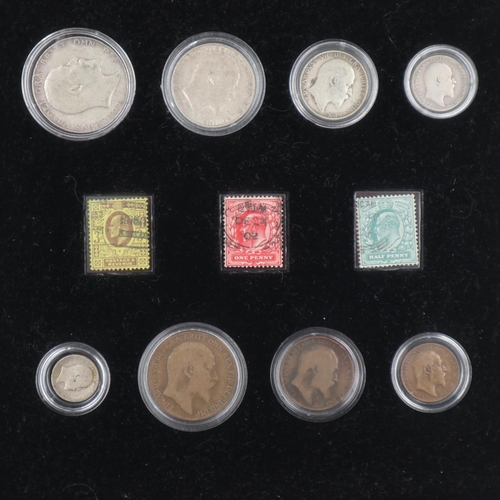 2269 - Edward VII cased set of eight coins and four stamps. UK P&P Group 2 (£20+VAT for the first lot and £... 