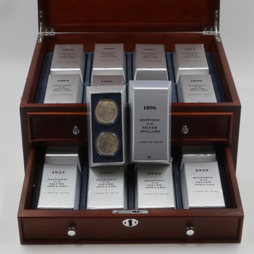 2270 - Cased set of American dollars 1879 to 1925, sixteen card ingots each containing two examples for the... 