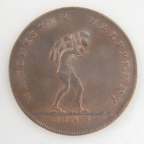 2319 - 1793 Manchester halfpenny token - gVF.  UK P&P Group 0 (£6+VAT for the first lot and £1+VAT for subs... 