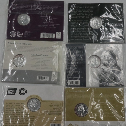 2351 - Six £20 UK fine silver coins in sealed packs. UK P&P Group 1 (£16+VAT for the first lot and £2+VAT f... 