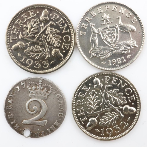 2354 - Circulated mixed lot of silver threepences to include twopence of George II.  UK P&P Group 0 (£6+VAT... 