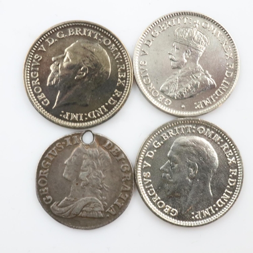 2354 - Circulated mixed lot of silver threepences to include twopence of George II.  UK P&P Group 0 (£6+VAT... 