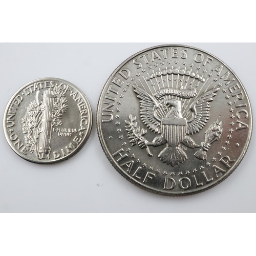 2371 - American silver Mercury dime with a silver JFK half dollar.  UK P&P Group 0 (£6+VAT for the first lo... 