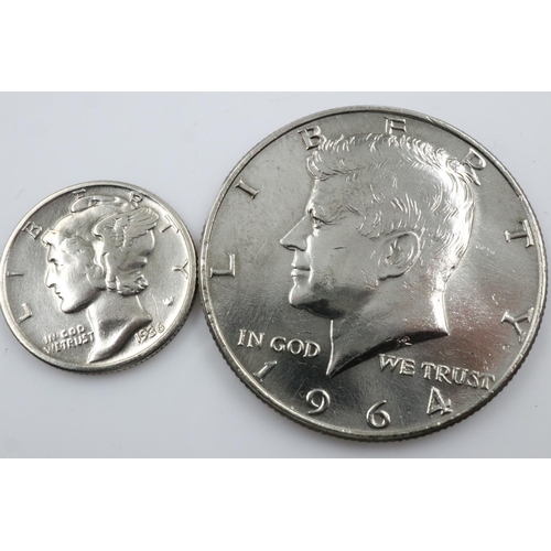 2371 - American silver Mercury dime with a silver JFK half dollar.  UK P&P Group 0 (£6+VAT for the first lo... 