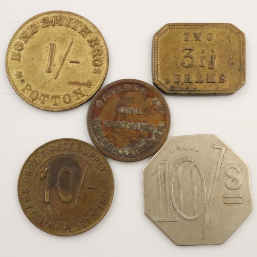 2377 - Five mixed tokens, including Ferrar & Co Silk Merchants, Potton Supply Stores and Parrish & Faulkner... 