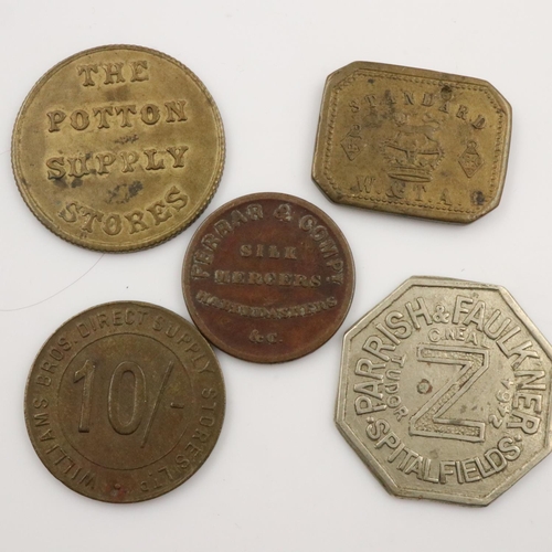 2377 - Five mixed tokens, including Ferrar & Co Silk Merchants, Potton Supply Stores and Parrish & Faulkner... 