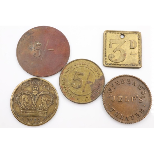 2381 - Five mixed tokens, including Barratt & Co Sweets, Burman & Sons and Wyndhams Theatre. UK P&P Group 0... 