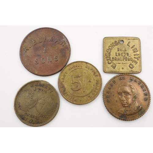 2381 - Five mixed tokens, including Barratt & Co Sweets, Burman & Sons and Wyndhams Theatre. UK P&P Group 0... 