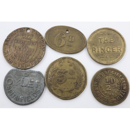 2385 - Six mixed tokens, including Waverley Owl Pickwick Hindoo Castle Pens, Oyler of Spitalfields and Cuss... 