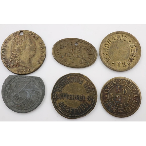 2385 - Six mixed tokens, including Waverley Owl Pickwick Hindoo Castle Pens, Oyler of Spitalfields and Cuss... 