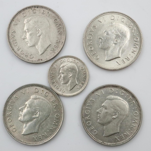 2390 - Five circulated silver coins of George VI.  UK P&P Group 0 (£6+VAT for the first lot and £1+VAT for ... 