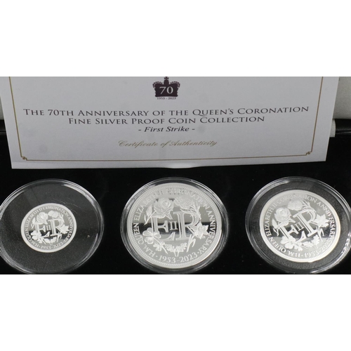 2401 - 70th anniversary of the Queens Coronation three coin silver proof set. UK P&P Group 1 (£16+VAT for t... 