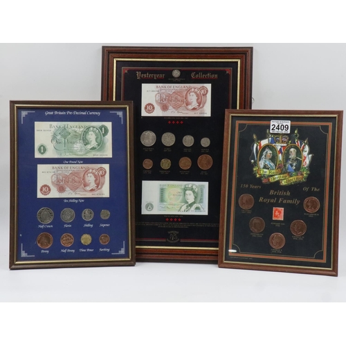 2409 - Three framed montages of UK pre-decimal coins and banknotes. Not available for in-house P&P