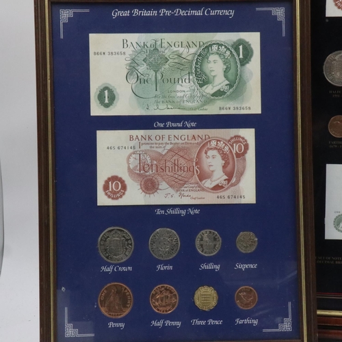 2409 - Three framed montages of UK pre-decimal coins and banknotes. Not available for in-house P&P