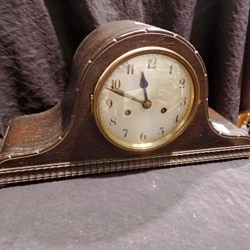 1046 - Oak cased Westminster chime mantel clock with key and pendulum. Not available for in-house P&P