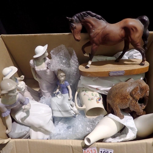 1054 - Box of mixed ornaments, ceramics, and collectables including Lladro and Nao figures. Not available f... 