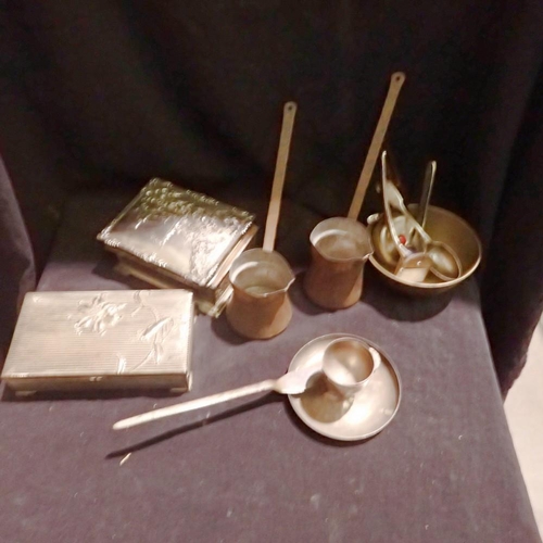 1056 - Mixed metalware including a silver teaspoon. Not available for in-house P&P