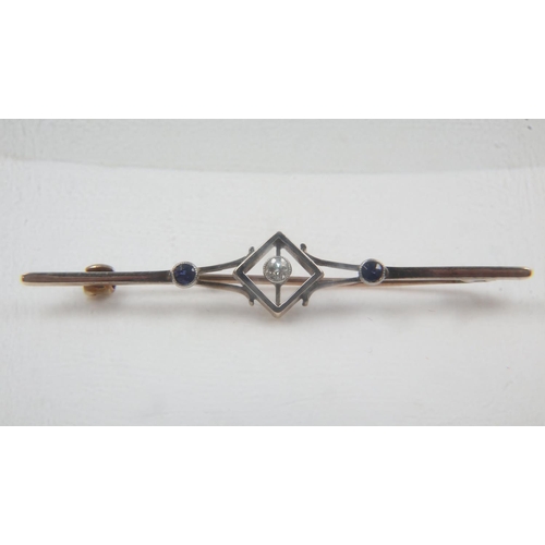 11 - Unmarked gold sapphire and diamond set brooch, L: 55 mm, 2.7g. UK P&P Group 0 (£6+VAT for the first ... 