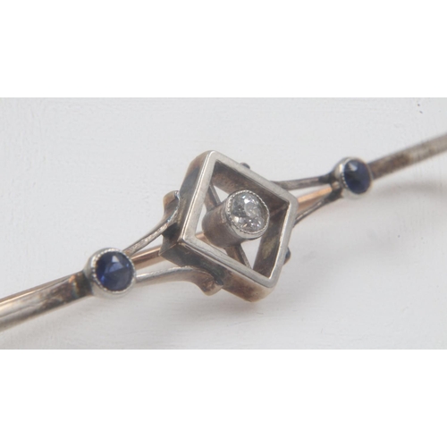 11 - Unmarked gold sapphire and diamond set brooch, L: 55 mm, 2.7g. UK P&P Group 0 (£6+VAT for the first ... 