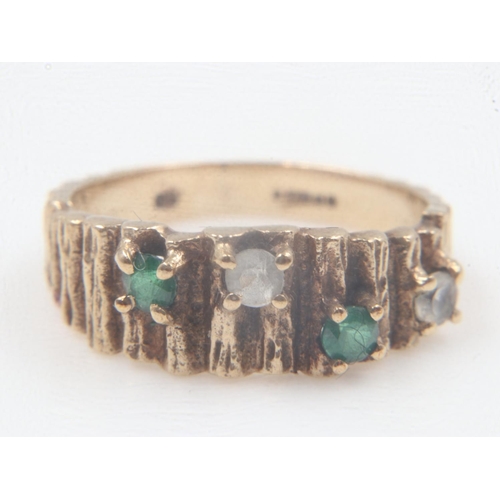 29 - 9ct gold bark effect ring set with emeralds and diamonds, size M, 3.1g. UK P&P Group 0 (£6+VAT for t... 