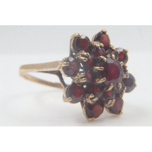 9 - 9ct gold garnet set cluster ring, size P, 5.0g. UK P&P Group 0 (£6+VAT for the first lot and £1+VAT ... 