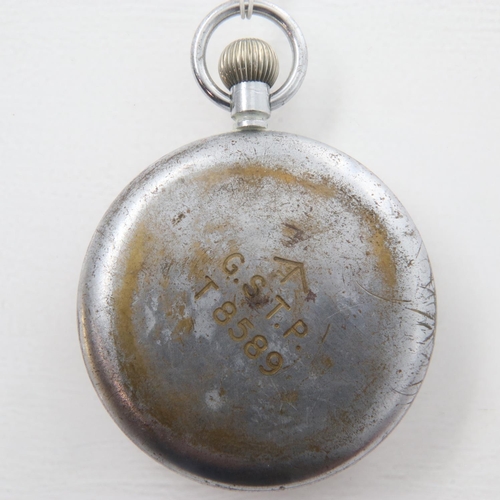 71 - CYMA: military pocket watch with GSTP T8589 stamped verso, working at lotting. UK P&P Group 1 (£16+V... 