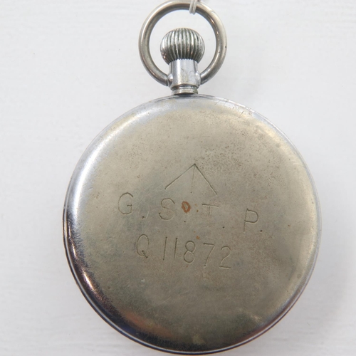 77 - Rare military issue pocket watch, not named but believed Tissot, stamped GSTP Q11872 verso, working ... 