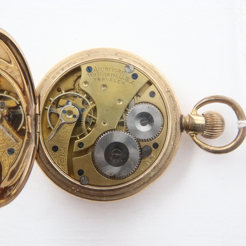 86 - WALTHAM: crown winding full hunter gold plated pocket watch with subsidiary seconds dial, working at... 