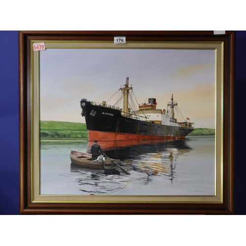 176 - Oil on board Manchester Ship Canal The Ferryman, Warrington 1950s, R.S Oldacre. 60 x 50 cm. Not avai... 