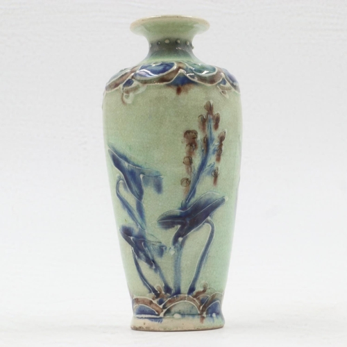 193 - 19th century tube-line decorated miniature vase, unmarked (likely Moorcroft), H: 90mm, crazed but no... 