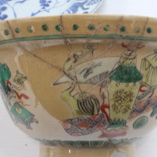 288 - Early Chinese export plates and polychrome decorated bowl, damages and repairs throughout. UK P&P Gr... 