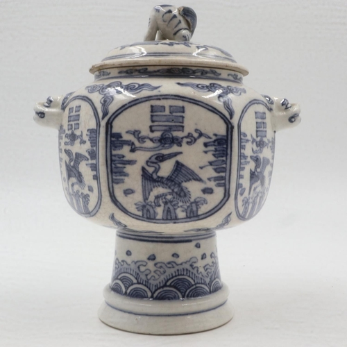 292 - 19th century footed censer, hexagonal form body decorated with cranes and applied masks, cover with ... 