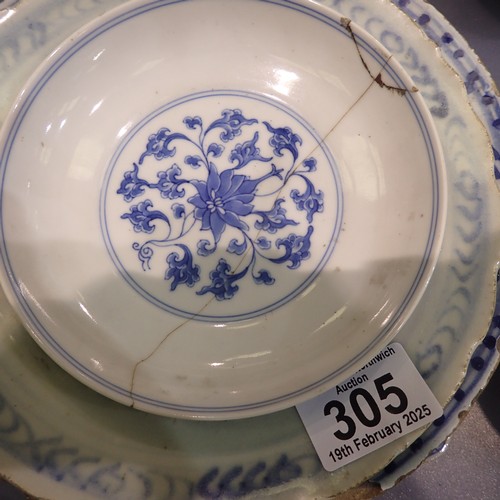 305 - Selection of 18th and 19th century Oriental ceramics, some damages / repairs throughout. Nine pieces... 