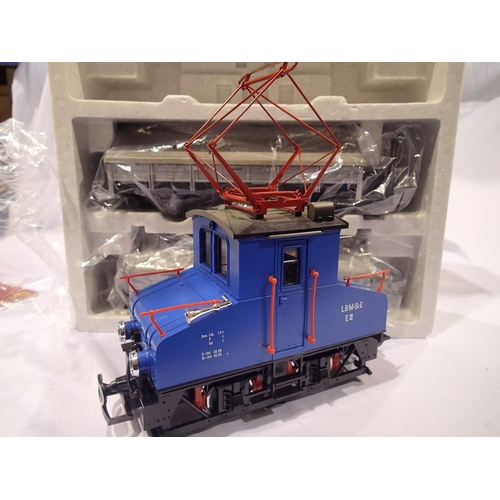 2062 - G scale L.G.B 29300 special edition collectors set, comprising: AEG LB loco, blue, with two lidded l... 