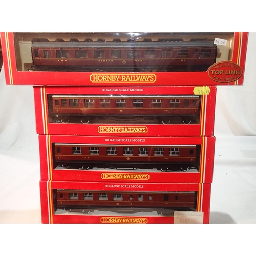 2370 - Four Hornby OO gauge LMS coaches, including 12 wheel dining cat, mostly excellent condition, wear to... 