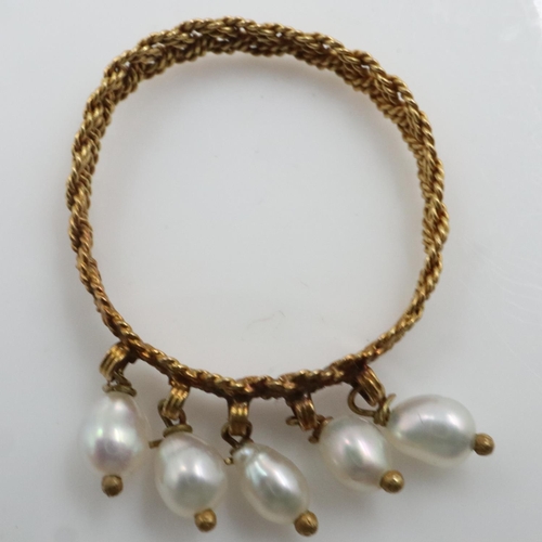 28 - Unmarked gold filigree ring mounted with five pearls, size M/N, 1.1g. UK P&P Group 0 (£6+VAT for the... 