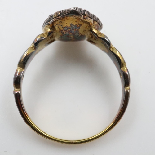 35 - Unmarked 19th century 18ct gold ring set with pear shaped ruby in foiled back setting with rose cut ... 