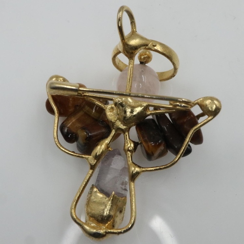 5 - Unusual unmarked gold pendant, set with tigers eye rock crystal and moonstone in the form of an ange... 