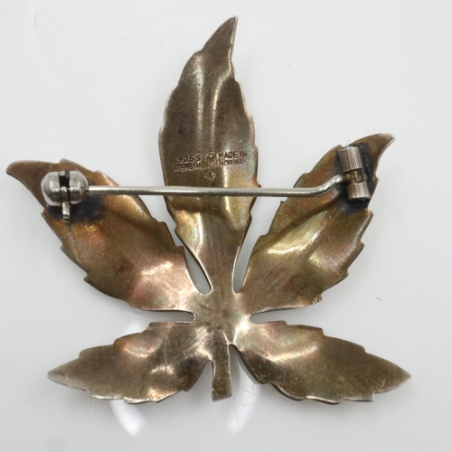 56 - Norwegian designer guilloche enamel leaf brooch, signed by designer, 45 x 40 mm. UK P&P Group 0 (£6+... 