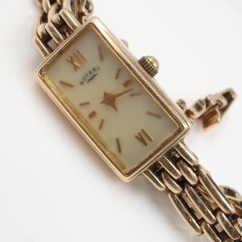 64 - ROTARY: ladies 9ct gold cased wristwatch on 9ct gold bracelet, mother of pearl dial, requires batter... 