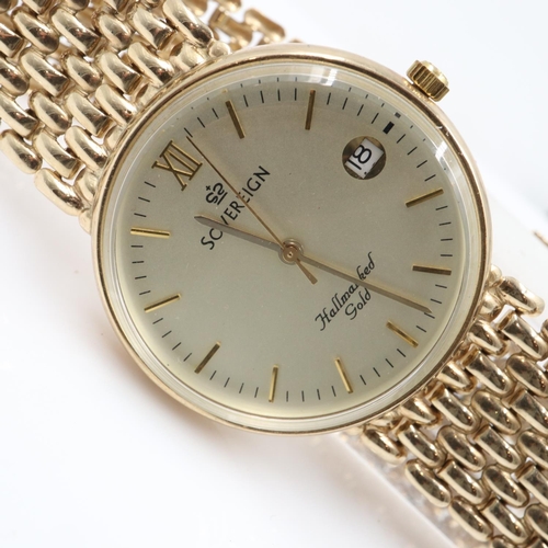 70 - SOVEREIGN: gents 9ct gold cased quartz wristwatch with date aperture, backplate inscribed, gross 29.... 