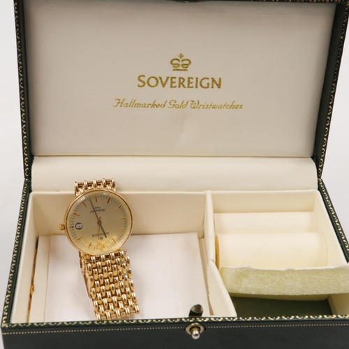 70 - SOVEREIGN: gents 9ct gold cased quartz wristwatch with date aperture, backplate inscribed, gross 29.... 