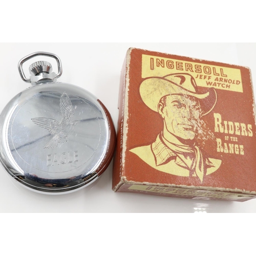 73 - INGERSOLL: chromium cased Jeff Arnold crown winding pocket watch, boxed, works for a short time then... 