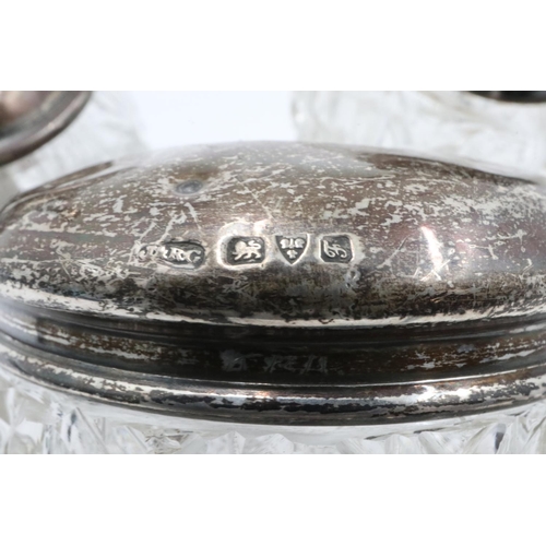 77 - Hallmarked silver mounted glass jars and spoon, silver only combined 20g. Not available for in-house... 