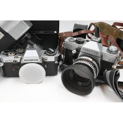 121 - Mixed cameras including Olympus OM10 & Praktica, with accessories. UK P&P Group 3 (£30+VAT for the f... 