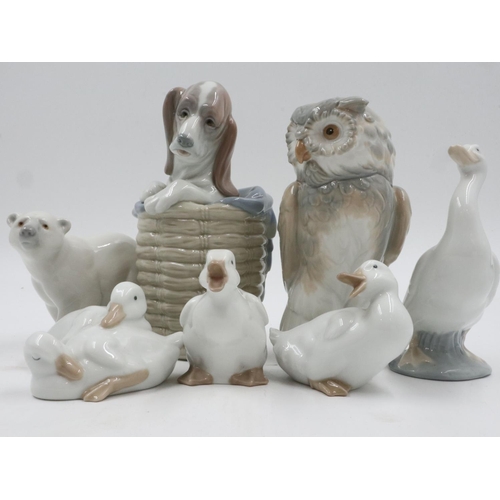 235 - Lladro and Nao ducks, geese, animals and an owl (7), no cracks or chips. UK P&P Group 3 (£30+VAT for... 