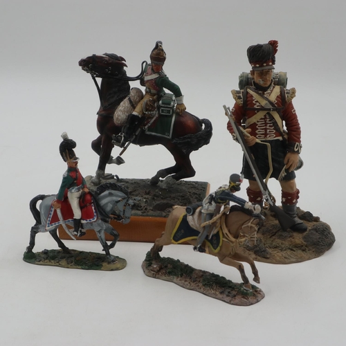 333 - Three painted metal figurines of mounted military riders, largest H: 17cm, with a further resin exam... 