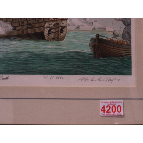 151 - Mark Hughes (20th century): artist signed print, The Mary Rose off Southsea Castle, with a Mary Rose... 